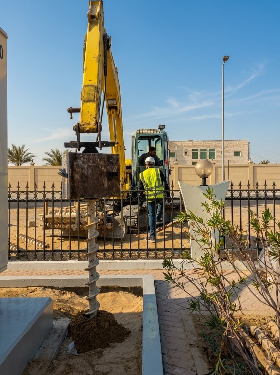 Ground drilling and site preparation beside a project facility